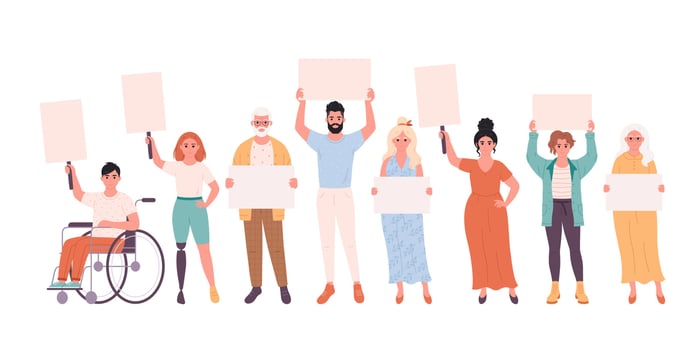 People of different age holding clean empty banners and placards. Activism, social movement. Democracy, rally and protest. People with physical disability vector