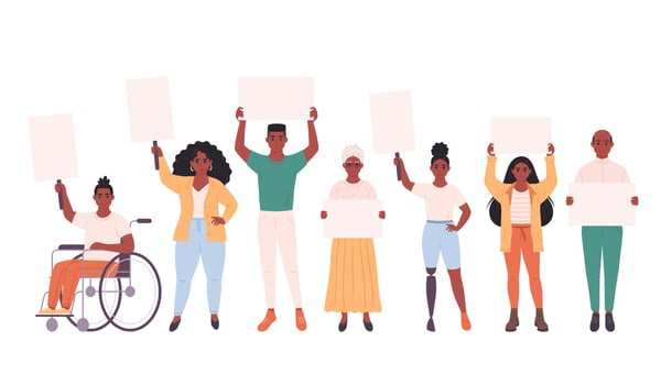 Black people of different age holding clean empty banners and placards. Activism, social movement. Democracy, rally and protest. People with physical disability. vector