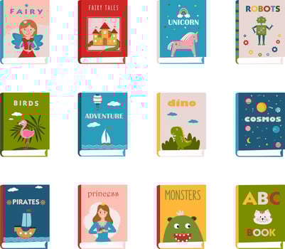 Children's books set. Illustrated covers of books.  Literature for kids. Children's reading. Colorful books covers. Front view of books. Vector illustration for library, bookstore, fair, festival.