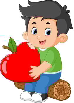 cute boys sitting and eating a big heart shaped apple vector