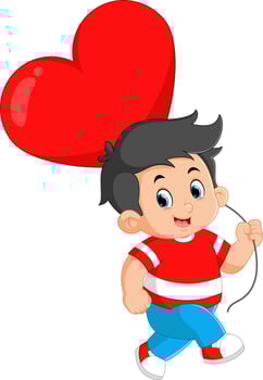 cute boy carrying a big red balloon in the shape of a heart vector