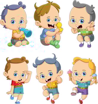 A collection of cute babies and children playing and posing adorably vector