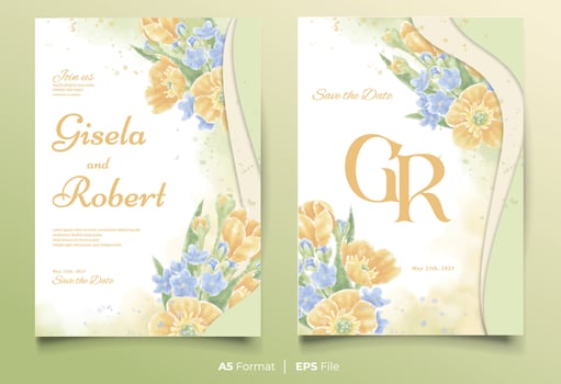 watercolor wedding invitation template with yellow and blue flower ornament vector