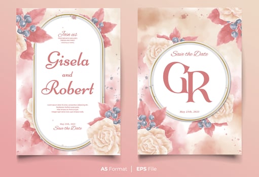 watercolor wedding invitation template with peach and red flower ornament vector