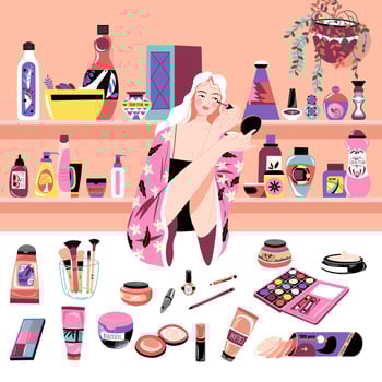 Woman applying mascara, cosmetic products in salon vector