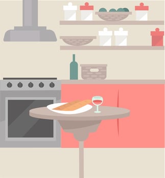Kitchen interior design with served food on table vector