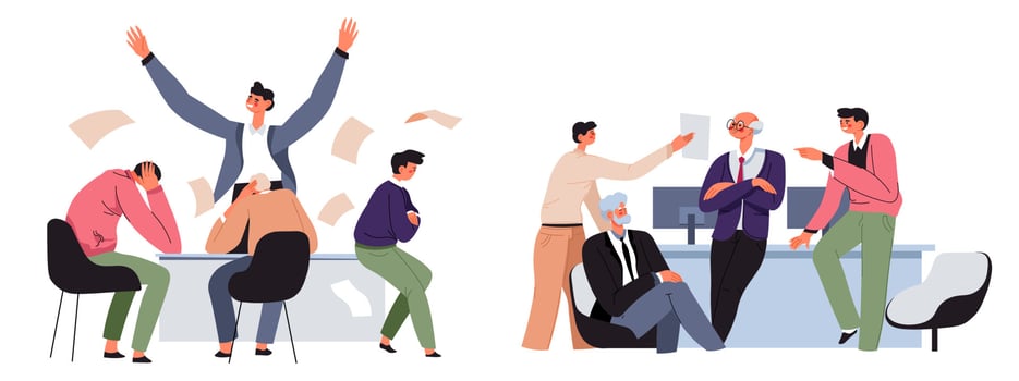 Bad and good team, angry boss with colleagues vector