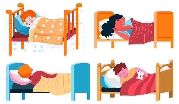 Children asleep in bed, kids resting at night vector