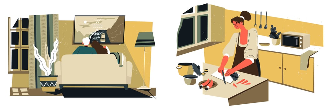Woman cooking dinner in kitchen at home vector