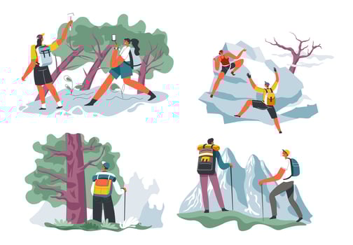 Hiking and climbing, mountaineering adventures vector