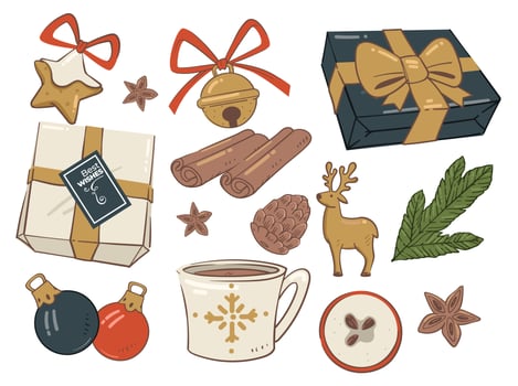 Xmas presents, cookies and pine tree branch decor vector