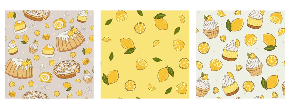 Set of patterns with lemons and desserts. Vector graphics.