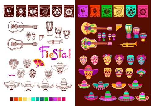 Collection of Mexican holidays symbols set. Fiesta party supplies. Vector. vector
