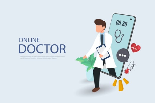 Patient meeting a professional doctor online on a smartphone and shaking hands, online medical consultation concept vector