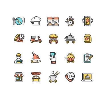 Food Delivery Service Sign Color Thin Line Icon Set. Vector