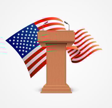 Realistic 3d Detailed USA Flag and Stage Stand or Debate Podium Banner Background. Vector