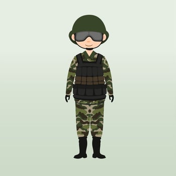Army soldier, men , in camouflage combat uniform saluting. Cute flat cartoon style. Army or soldier character vector. Soldier keeps watch on guard. Rangers on border. vector
