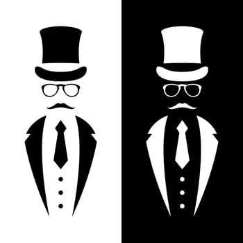 Gentleman wearing suit, retro hat, bow and glasses. Retro Tuxedo emblem. vector