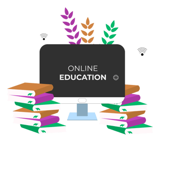 Online education design with book and computer for digital classroom png
