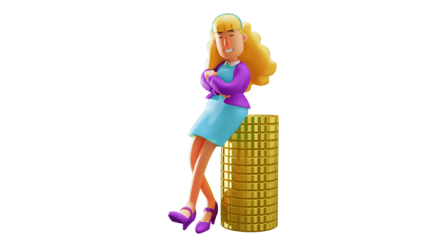 3D illustration. Rich Woman 3D Cartoon Character. Beautiful rich woman smiling happily. Smiling business woman leaning on pile of gold coins. 3D cartoon character png
