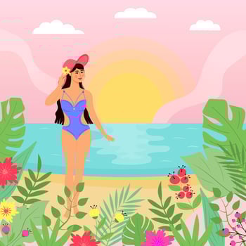 Summer exotic seascape with woman in swimwear and hat. Tropical flowers and plants around. Beach scene. vector