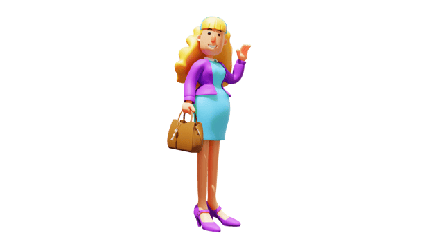 3D illustration. Socialite woman 3D Cartoon Character. Trendy beautiful woman carrying branded bag. Rich woman waving. 3D cartoon character png