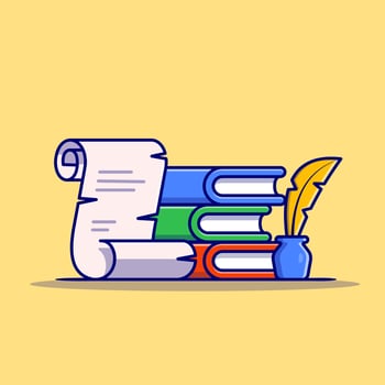 Book, Paper With Feather Pen And Ink Cartoon Vector Icon Illustration. Education Object Icon Concept Isolated Premium Vector. Flat Cartoon Style