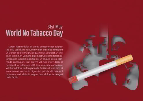 Image of cigarette burning with example texts and the day, name of event on human lung cut out with world map shape on smoke and red background. All in paper cut style and vector design.