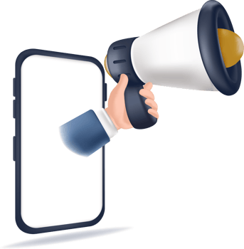 illustration businessman hand holding a megaphone appearing from smartphone png