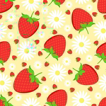 Seamless pattern of strawberries and chamomile on a pale yellow background, vector illustration