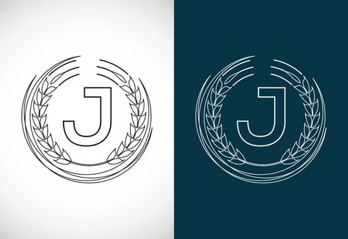 Initial letter J with wheat wreath. Organic wheat farming logo design concept. Agriculture logo. vector
