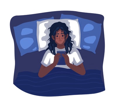 Sleepy female teenager lying down with smartphone semi flat color vector character. Editable figure. Full body person on white. Simple cartoon style illustration for web graphic design and animation