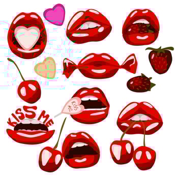 A set of red lips with candy, strawberries, cherries. Candy in your mouth. Illustration for printing on banners. Vector illustration of sexy female lips. A kiss. Isolated on a white background.