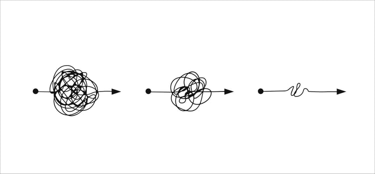 Tangle of lines. Unraveling the path. Psychological concept of solving mental problems. Chaotic messy clew. Simplifying the complex vector