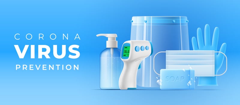 Personal protective equipment and prevention of coronavirus, infection. Horizontal banner PPE with copy space. 3D vector illustration medical mask, sanitizer, thermometer, gloves, soap, face shield