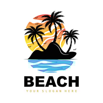 Coconut Tree And Beach Logo, Ocean Nature Landscape Design, Beach Icon Plant Vector
