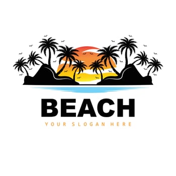 Coconut Tree And Beach Logo, Ocean Nature Landscape Design, Beach Icon Plant Vector