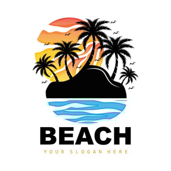 Coconut Tree And Beach Logo, Ocean Nature Landscape Design, Beach Icon Plant Vector