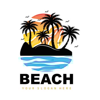 Coconut Tree And Beach Logo, Ocean Nature Landscape Design, Beach Icon Plant Vector