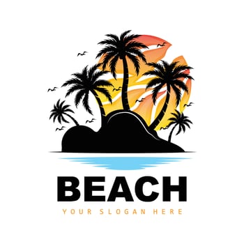 Coconut Tree And Beach Logo, Ocean Nature Landscape Design, Beach Icon Plant Vector