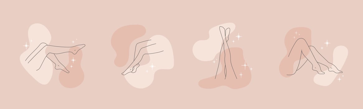 Set of female legs in different poses in a trendy outline, hand-drawn. Vector illustration in nude colours in an elegant style.