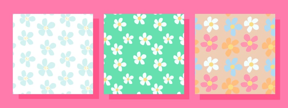 Set of three abstract square seamless patterns with vintage groovy daisy flowers. Retro floral vector background surface design, textile, stationery, wrapping paper, covers. 60s, 70s, 80s style