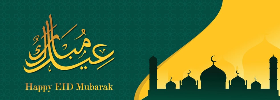 Eid mubarak Islamic background, Happy eid mubarak banner illustration, Islamic greeting card religion muslim celebration. arabic modern calligraphy vector