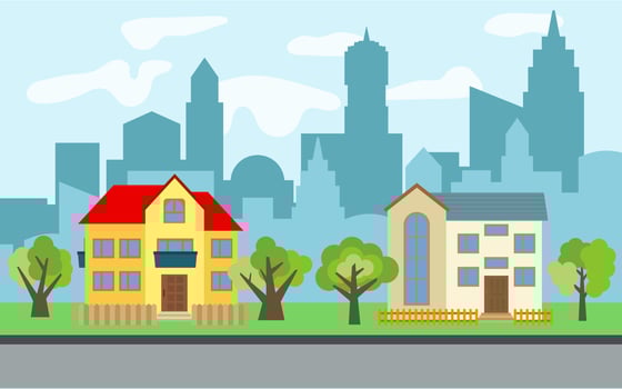 Vector city with two two-story cartoon houses and green trees in the sunny day. Summer urban landscape. Street view with cityscape on a background
