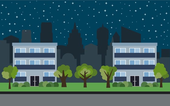 Vector city with two three-story cartoon houses and green trees at night. Summer urban landscape. Street view with cityscape on a background