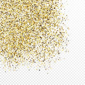 Gold glitter confetti backdrop isolated on white transparent background. Celebratory texture with shining light effect. Vector illustration.