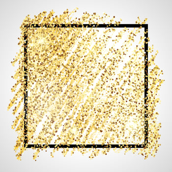 Golden Paint Glittering backdrop with black square frame on a white background. Background with gold sparkles and glitter effect. Empty space for your text. Vector illustration