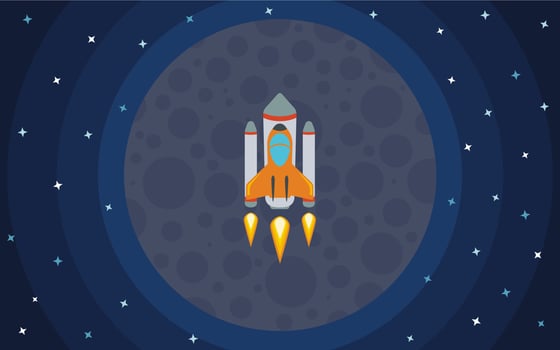 The rocket flies against the backdrop of the planet. The rocket in space. Space travel. Vector illustration with flying rocket.