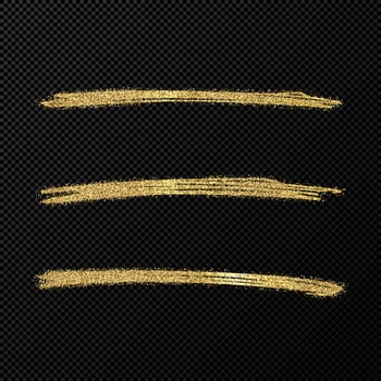 Abstract shiny confetti glittering waves. Set of three hand drawn brush golden strokes on black transparent background. Vector illustration