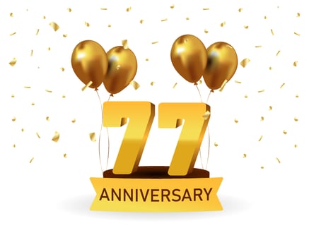 77 Anniversary gold numbers with golden confetti. Celebration anniversary event party template. vector